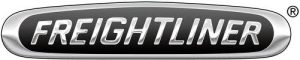 Freightliner Trucks logo in bold black font with a sleek silver oval outline.