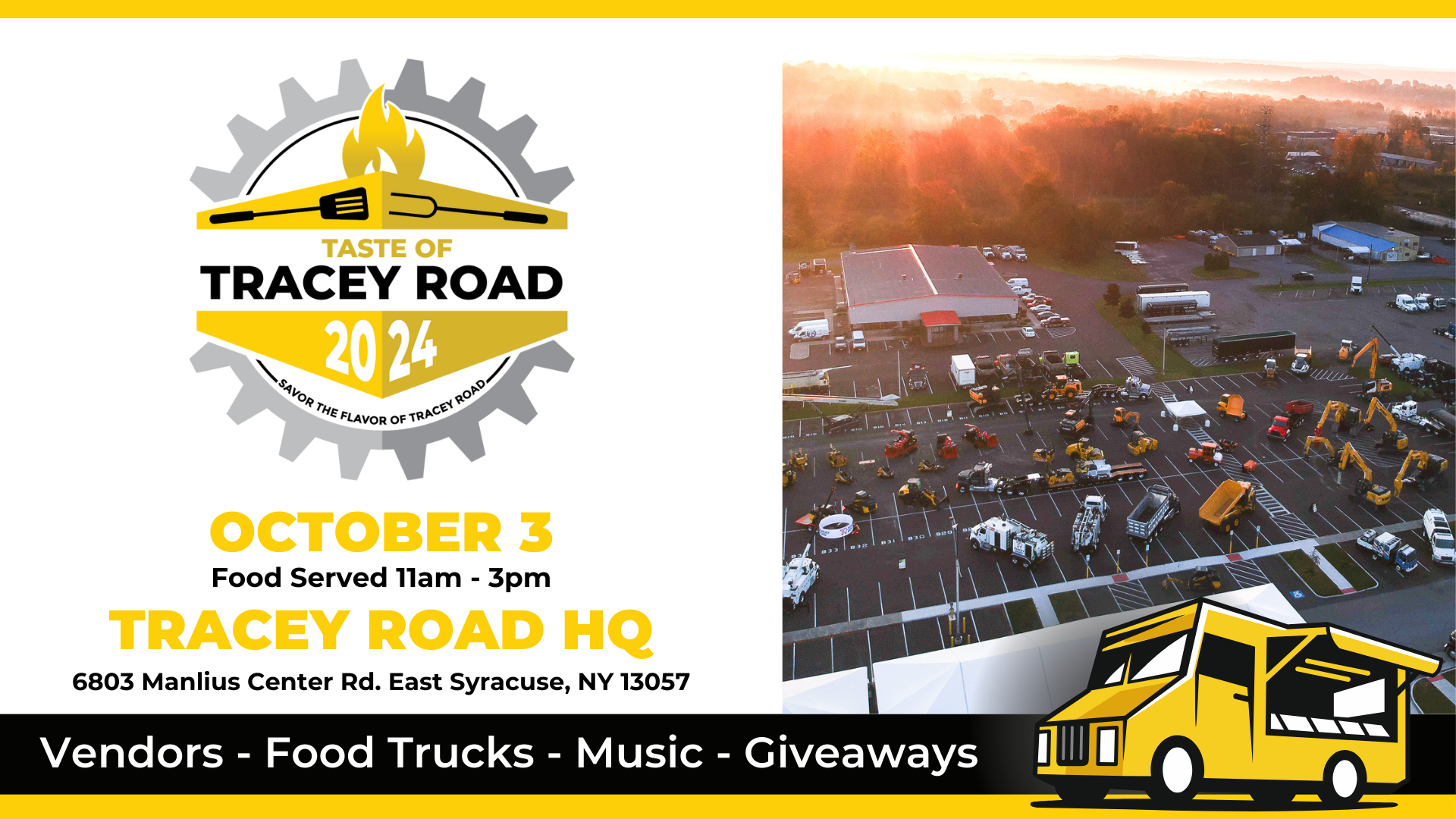 Advertisement for the Taste of Tracey Road 2024 event featuring an aerial view of Tracey Road headquarters with heavy equipment displayed in the parking lot.