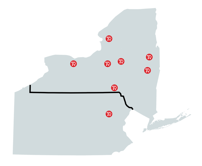 A map of Tracey road locations across New York and Pennsylvania: Syracuse, Albany, Binghamton, Rochester, Queensbury, Utica, Watertown and Wilkes-Barre.